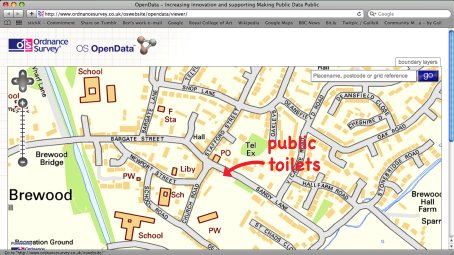 A screenshot of Ordnance Survey's maps for public use, because I couldn't get it to embed. What's more, the public use maps aren't relevant to this post, and don't show the public toilets...
